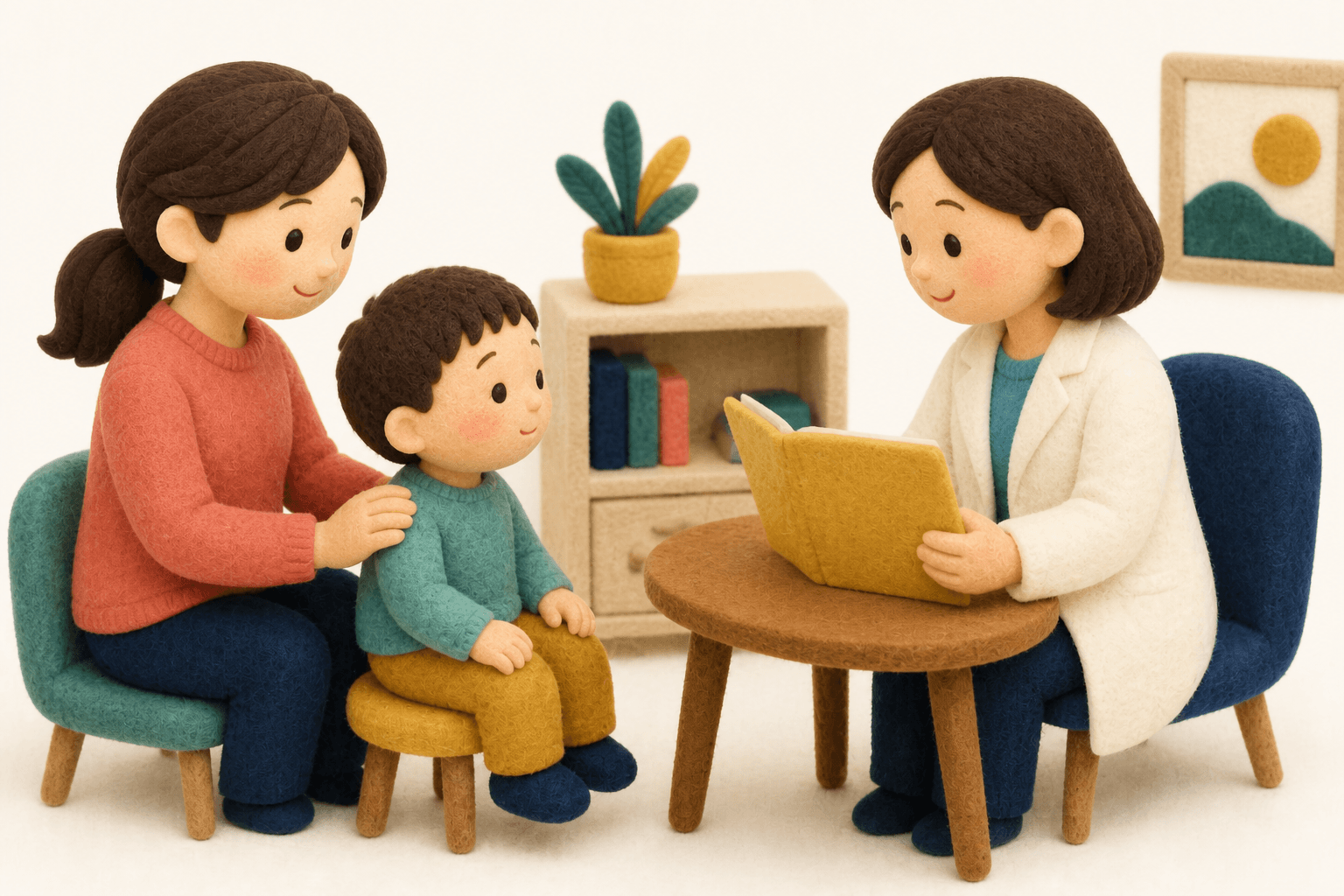アレルギー専門の相談室で説明を受ける親子のフェルト人形風イラスト