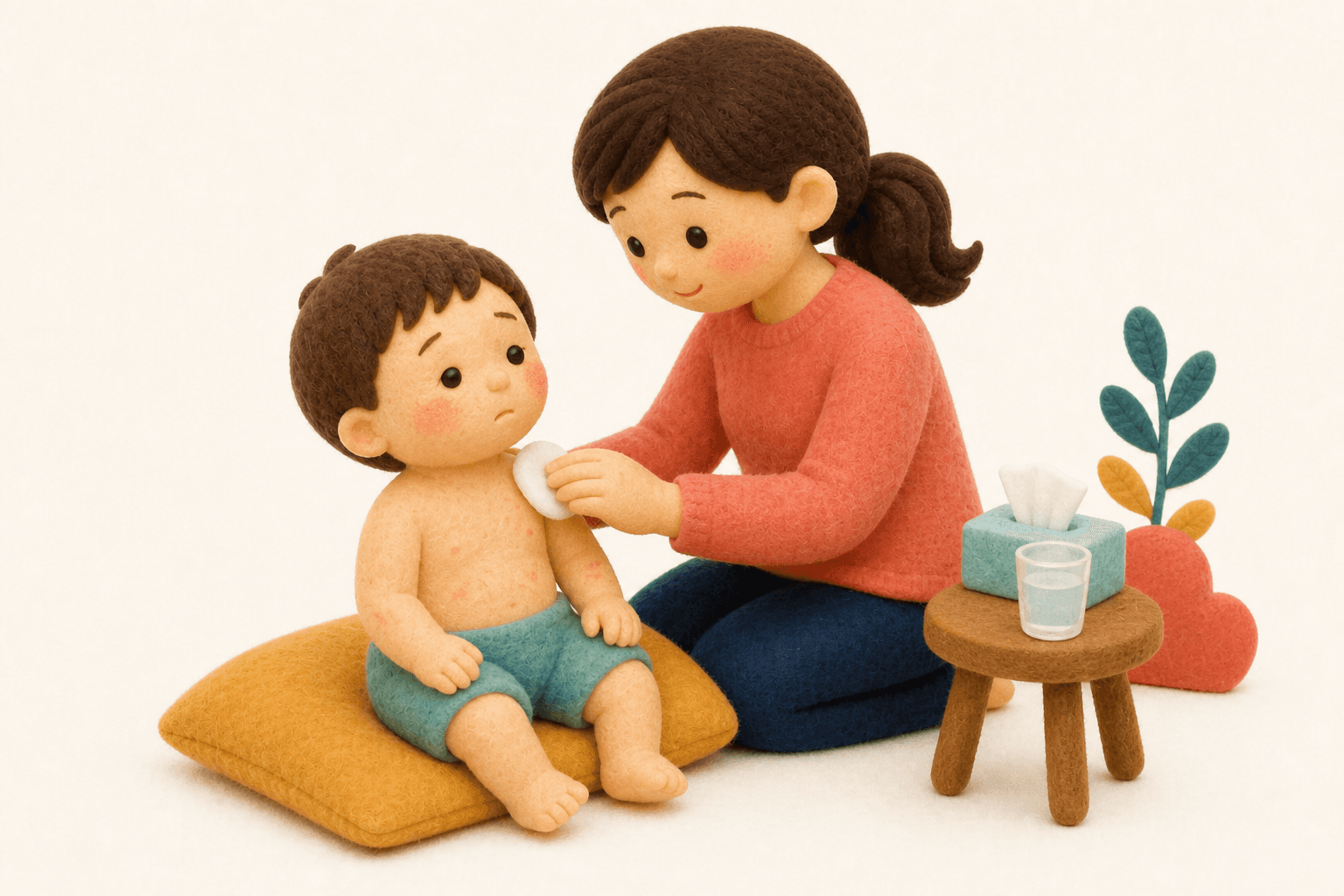 発疹のある子どもを落ち着かせる保護者のフェルト人形風イラスト