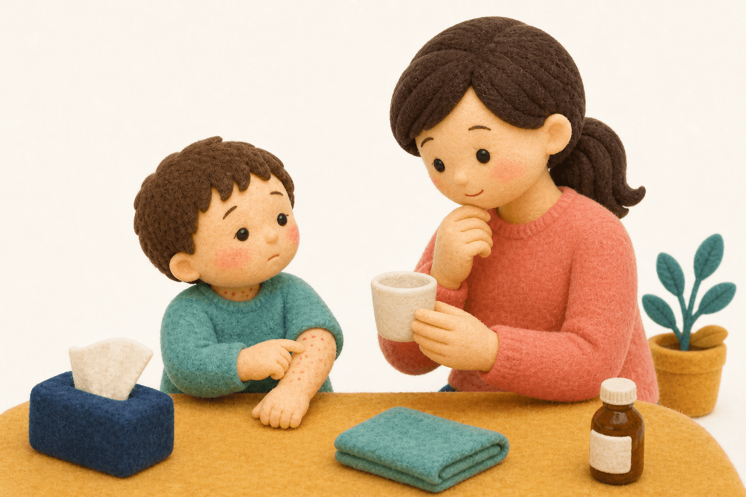 薬と発疹の関係を見つめ直す親子のフェルト人形風イラスト