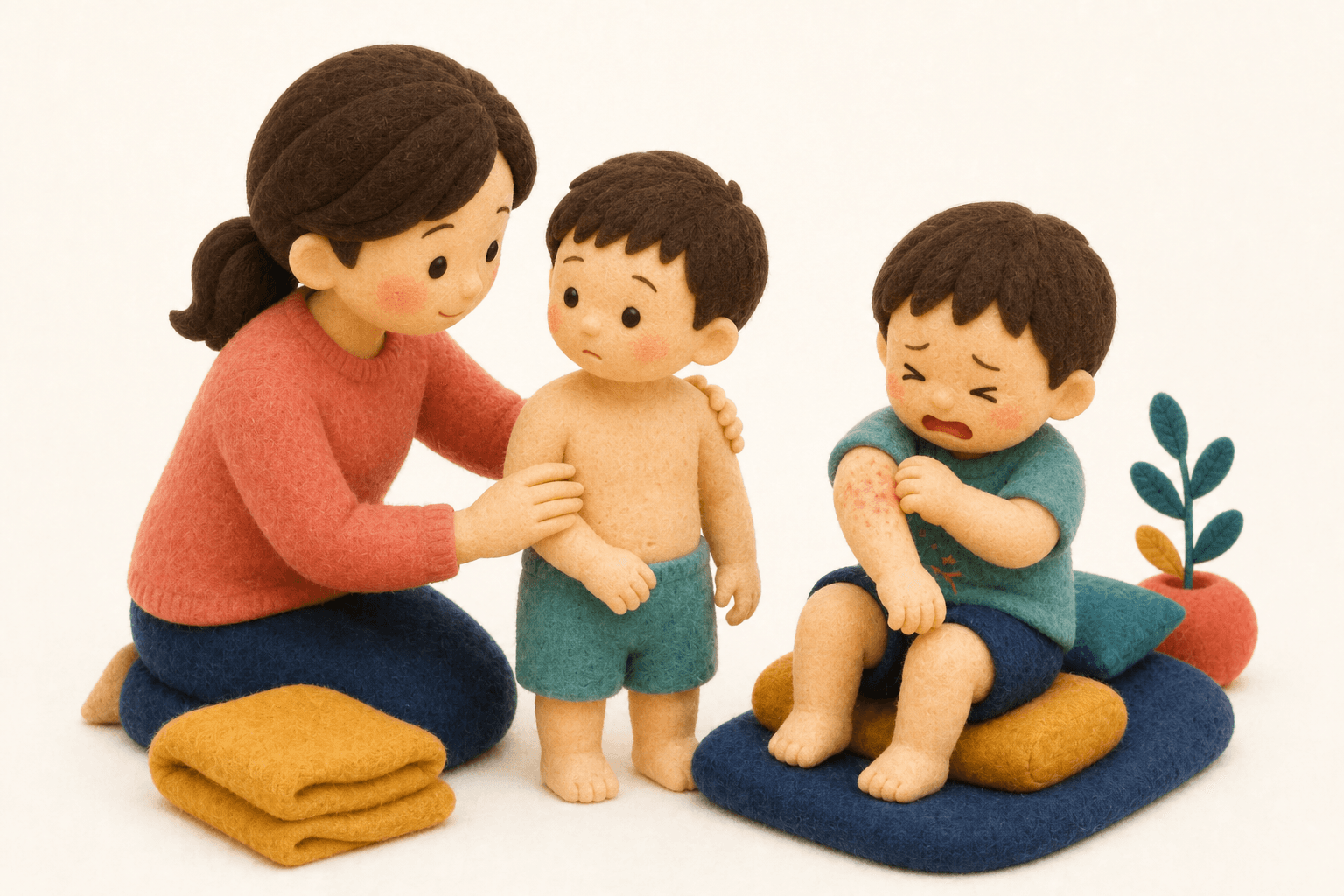 かゆみの強さで乾燥肌とアトピーを見分ける保護者のフェルト人形風イラスト