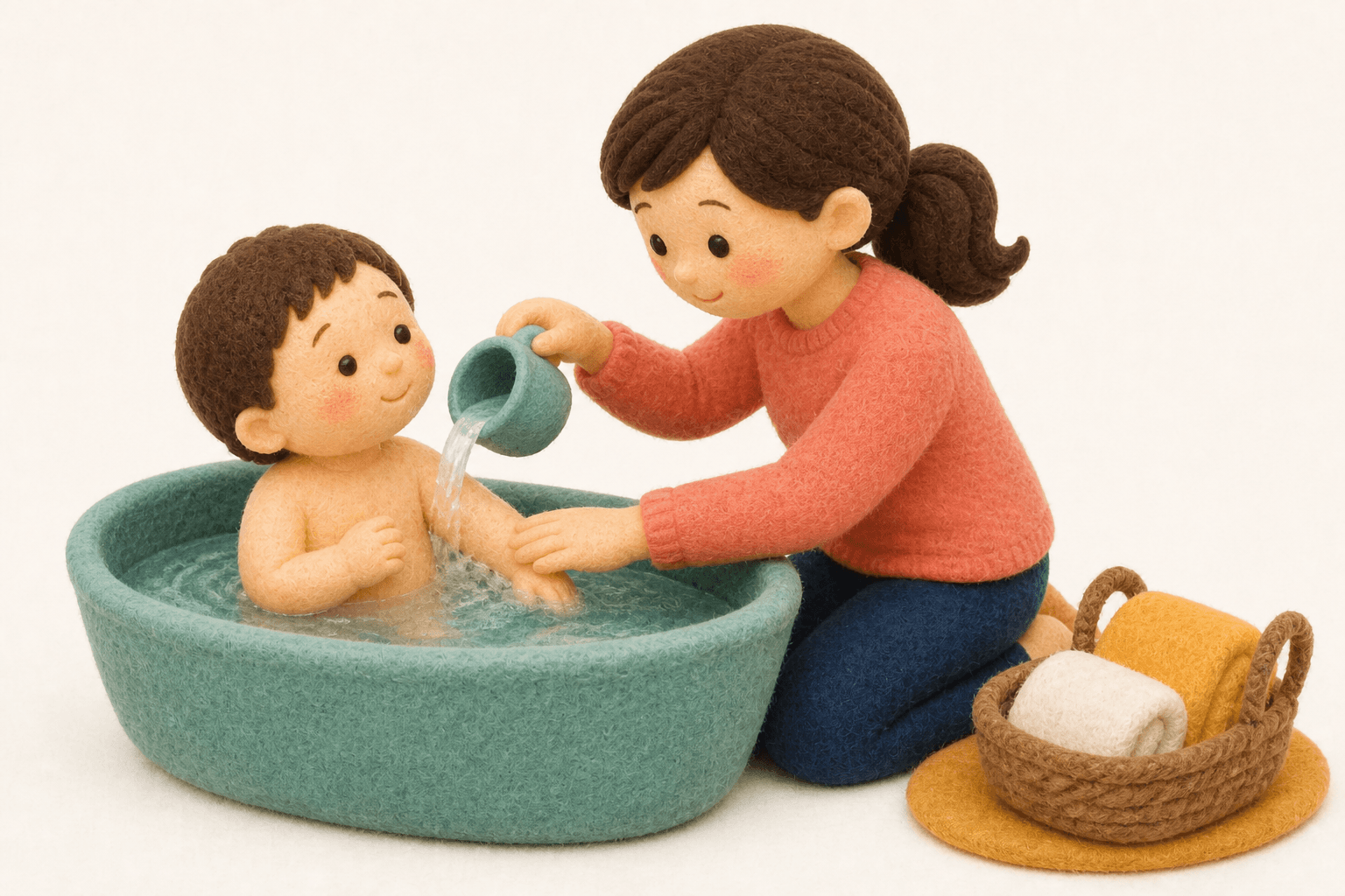 ぬるめのお湯で優しく入浴する親子のフェルト人形風イラスト