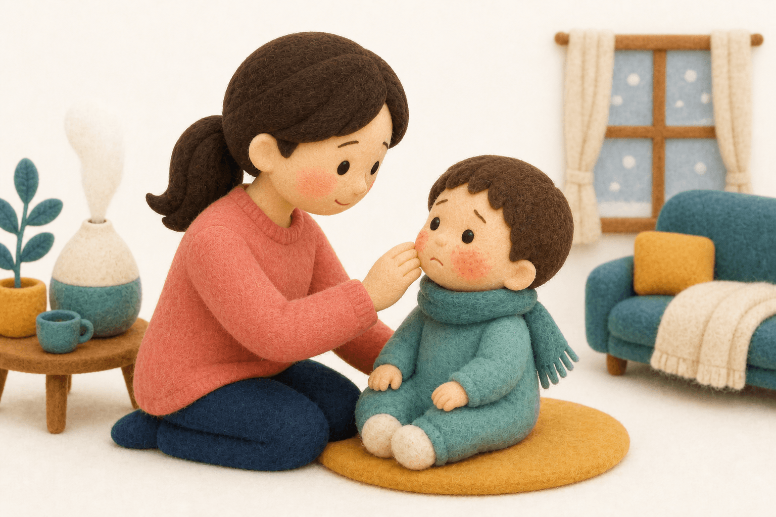冬に頬がカサカサの子どもを見る保護者のフェルト人形風イラスト