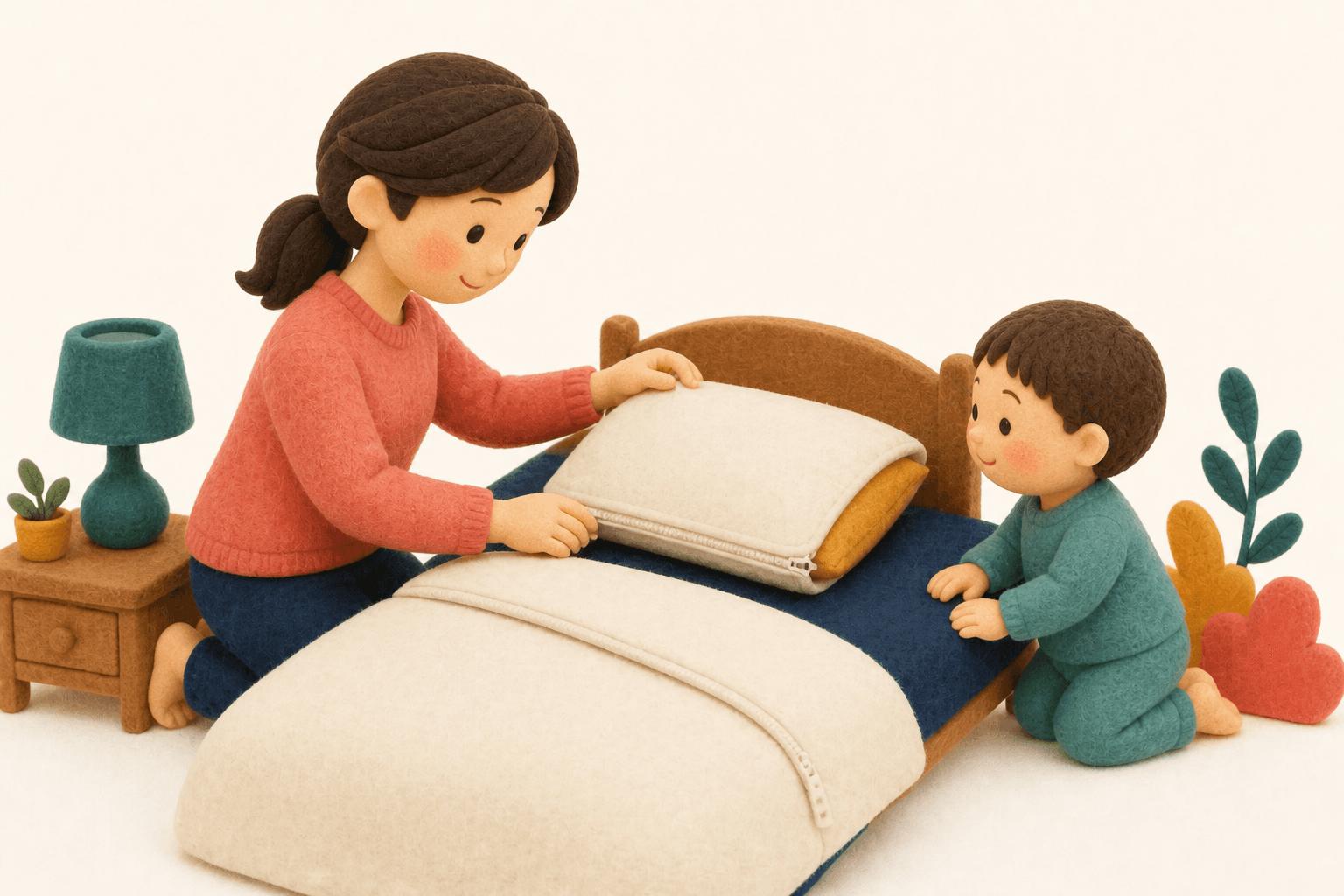 寝具に防ダニカバーをかけている保護者のフェルト人形風イラスト