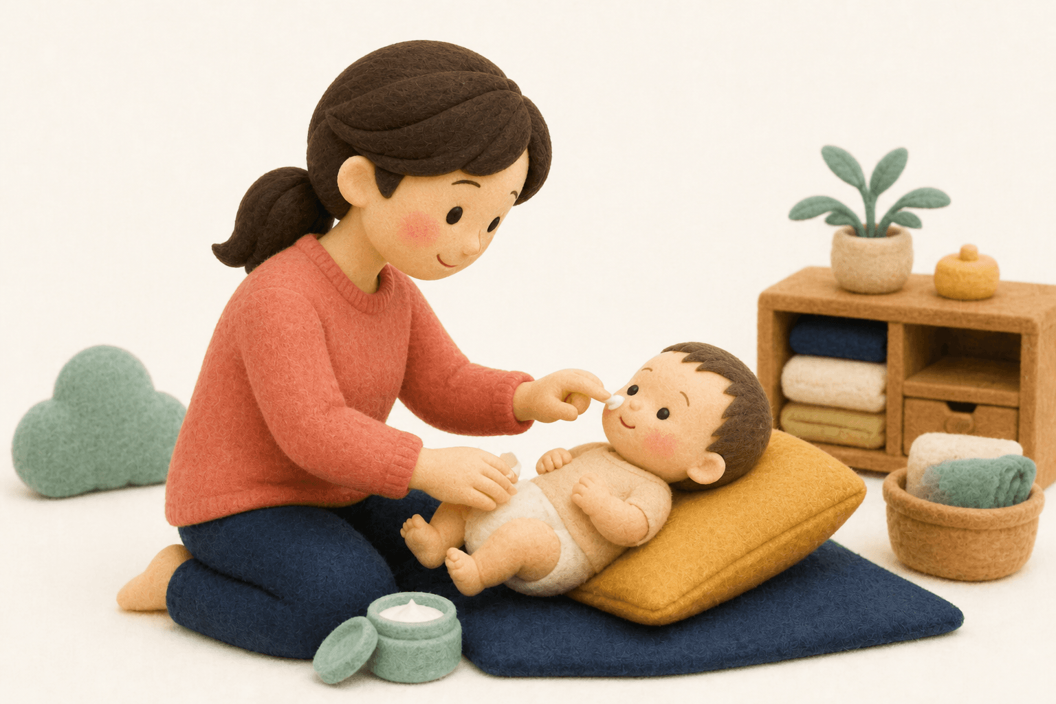 乳児の肌を丁寧に保湿する保護者のフェルト人形風イラスト