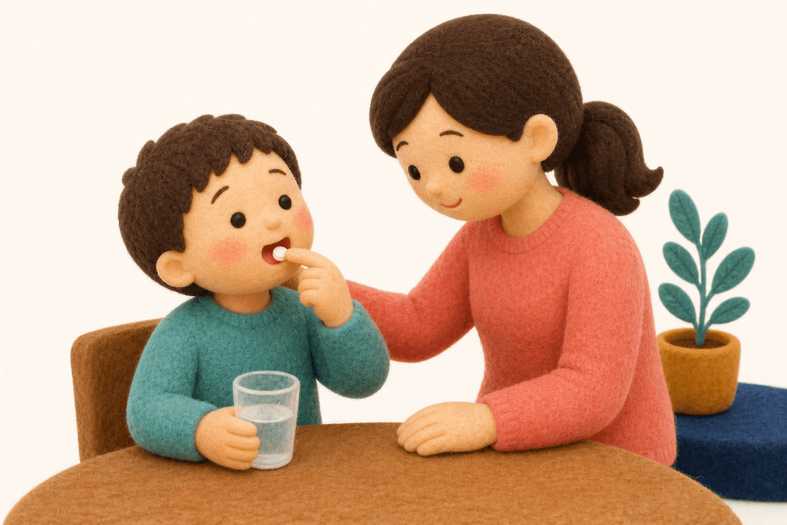 舌下に薬を置く子どもを見守る保護者のフェルト人形風イラスト