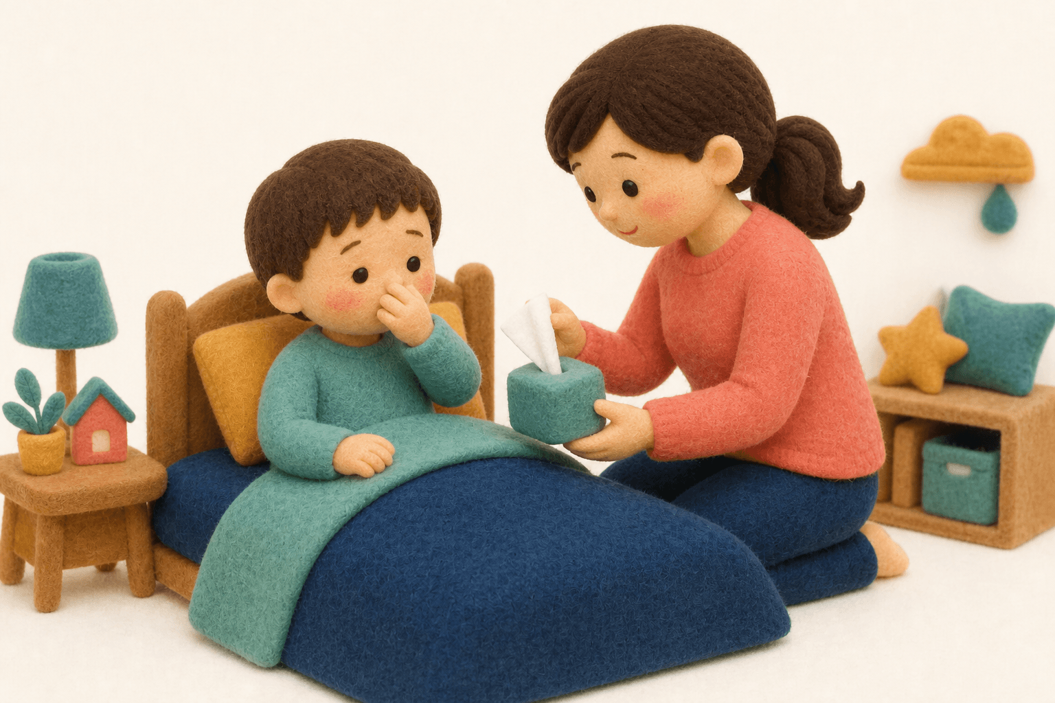 通年性の鼻症状に困っている子どもと保護者のフェルト人形風イラスト