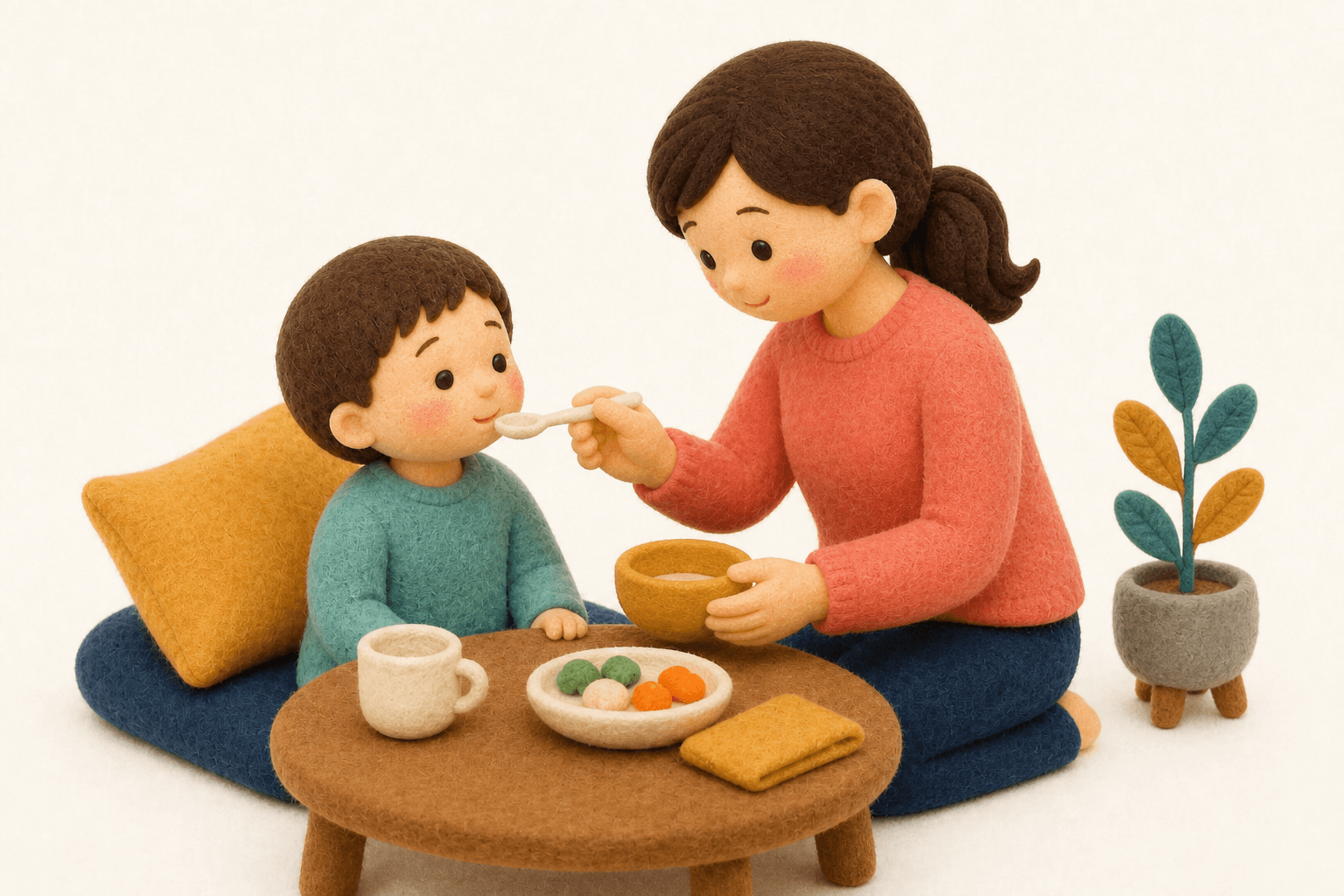 算数障害はどうやって評価しますか?の場面を示すフェルト人形風イラスト