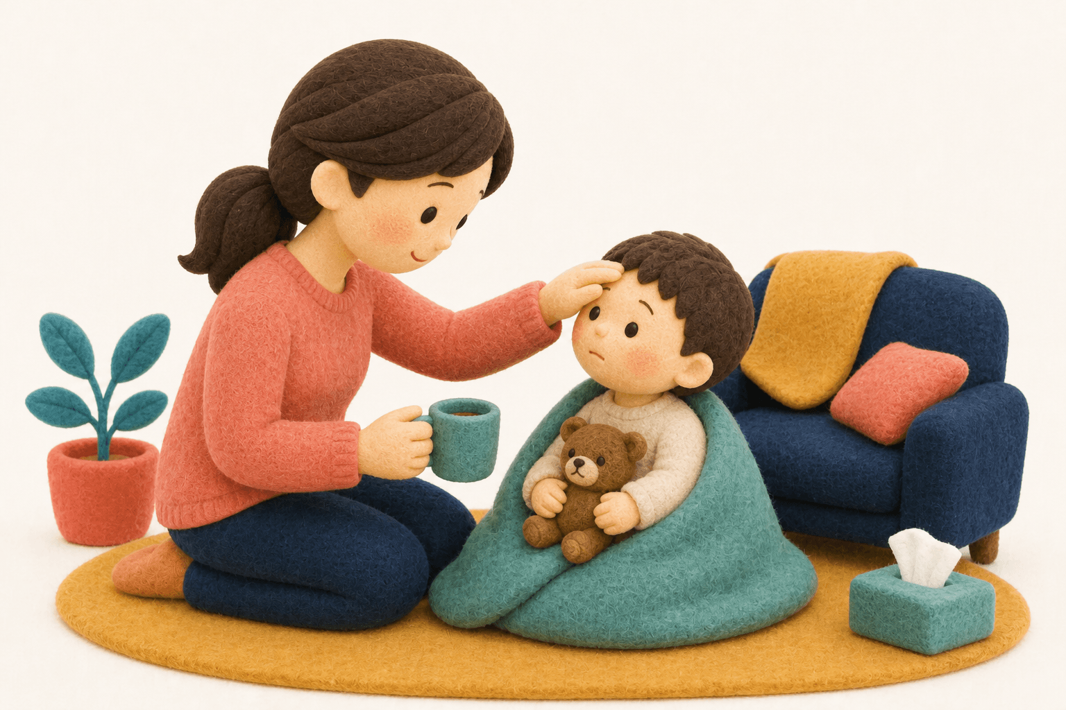 どんな支援が効果的ですか?の場面を示すフェルト人形風イラスト