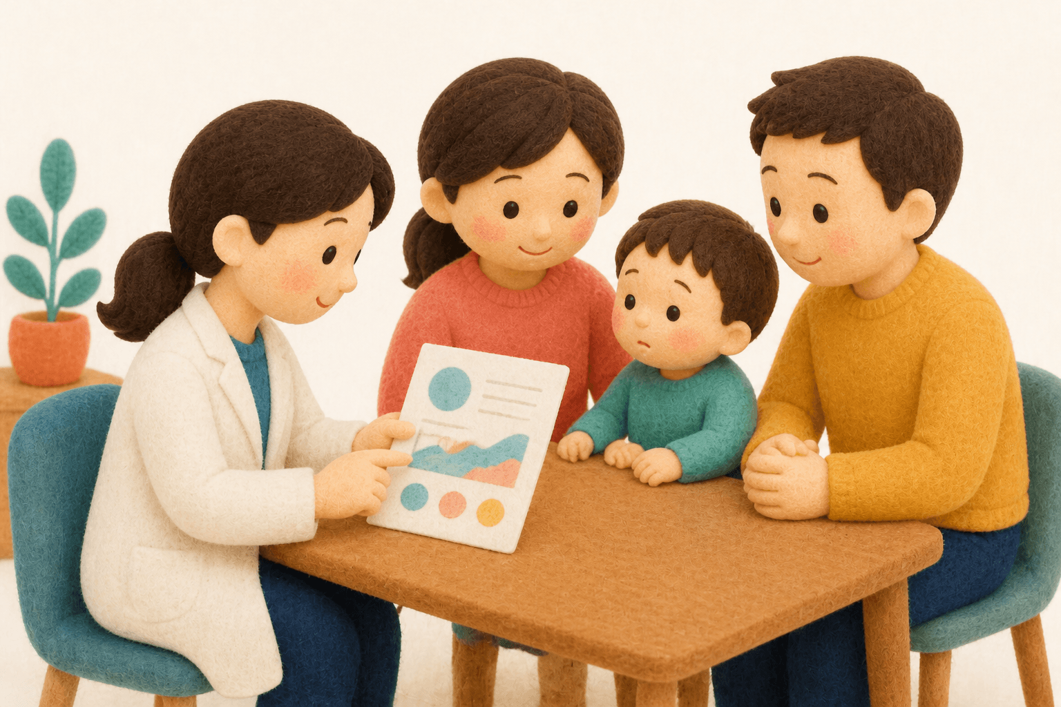 検査の説明を聞く親子のフェルト人形風イラスト