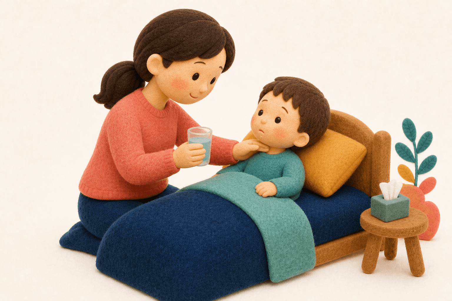 のどが痛い子どもを休め、首をやさしくみる保護者のフェルト人形風イラスト