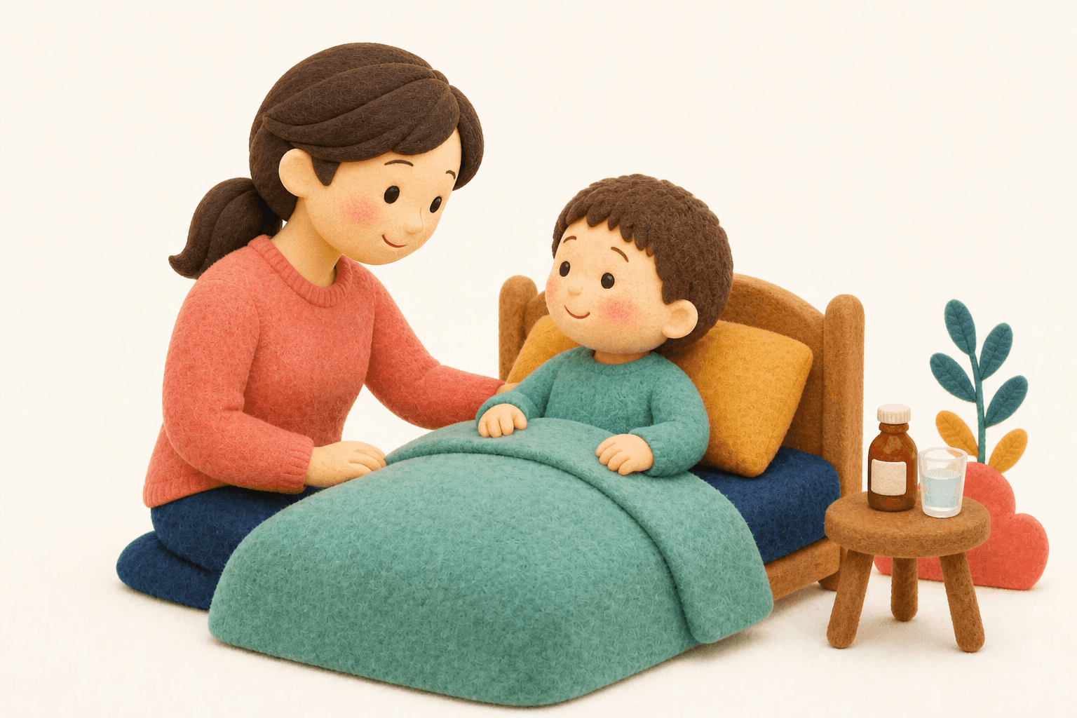 回復してきて起き上がる子どもと保護者のフェルト人形風イラスト