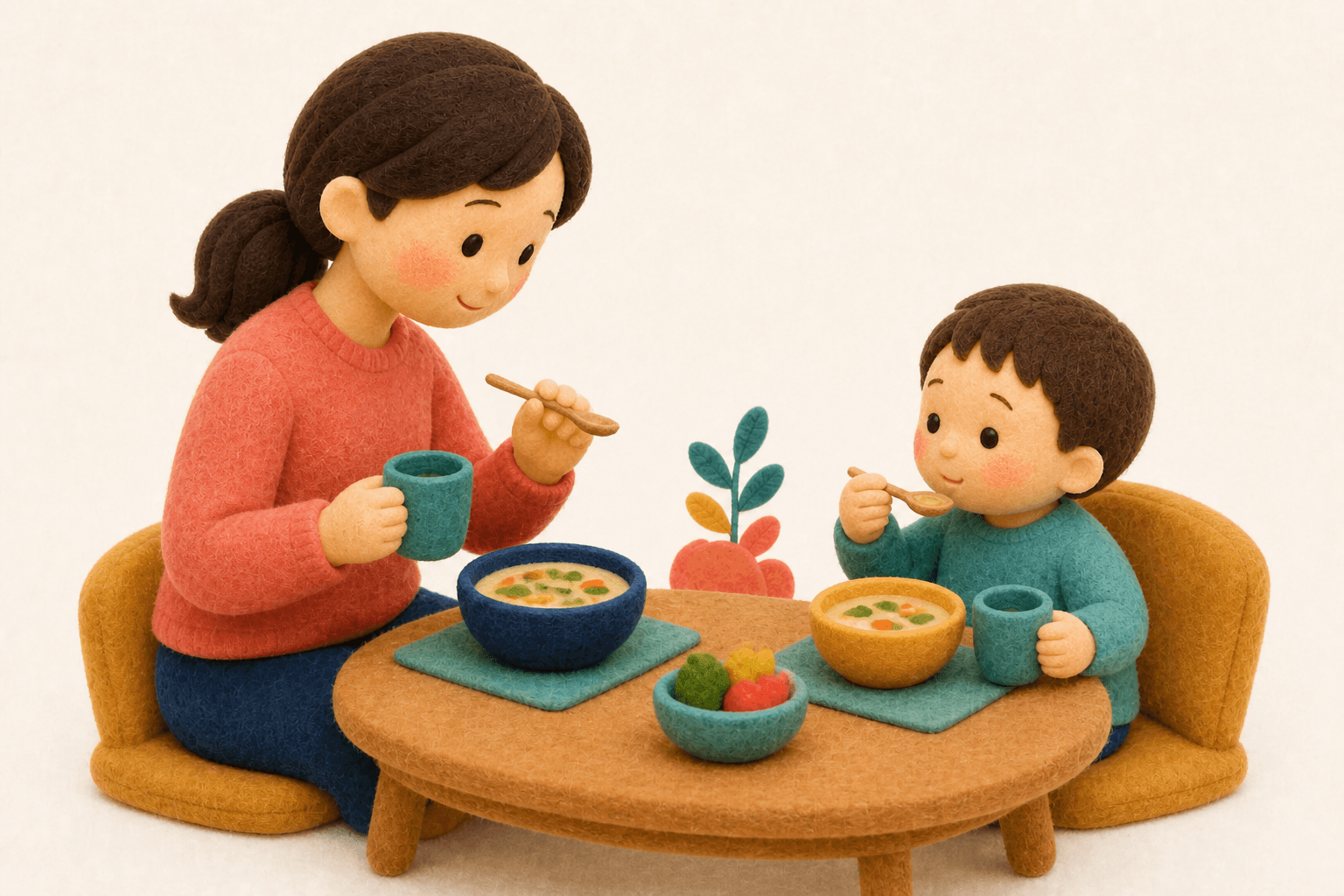 食器を分けて食事をする親子のフェルト人形風イラスト