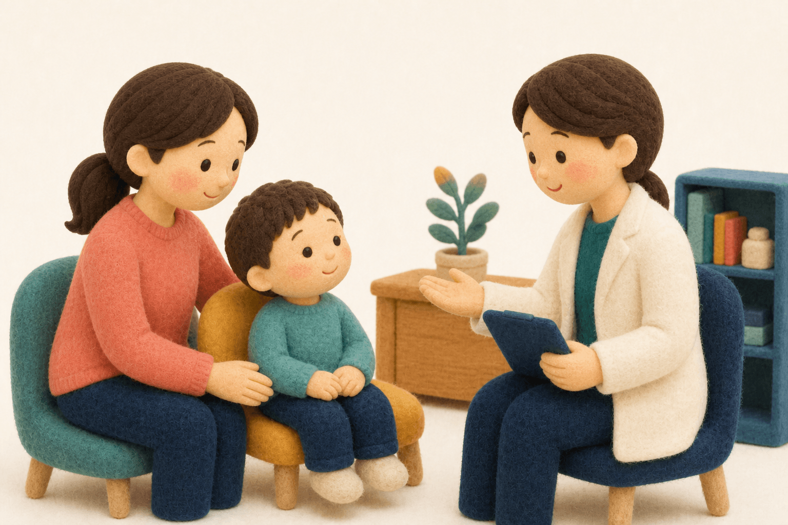 検査結果の意味を医師から聞く親子のフェルト人形風イラスト