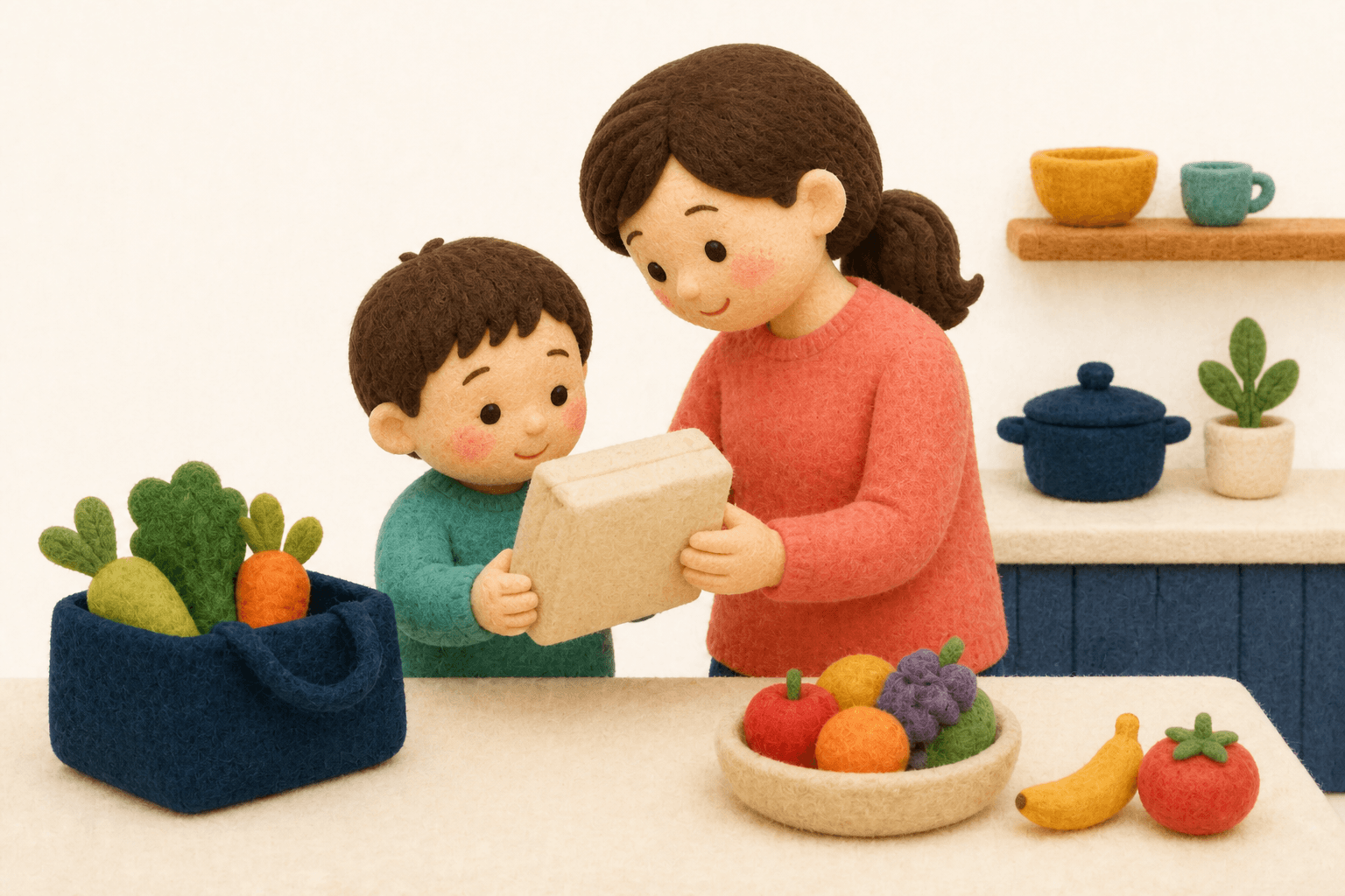 食品表示を毎回確認する親子のフェルト人形風イラスト