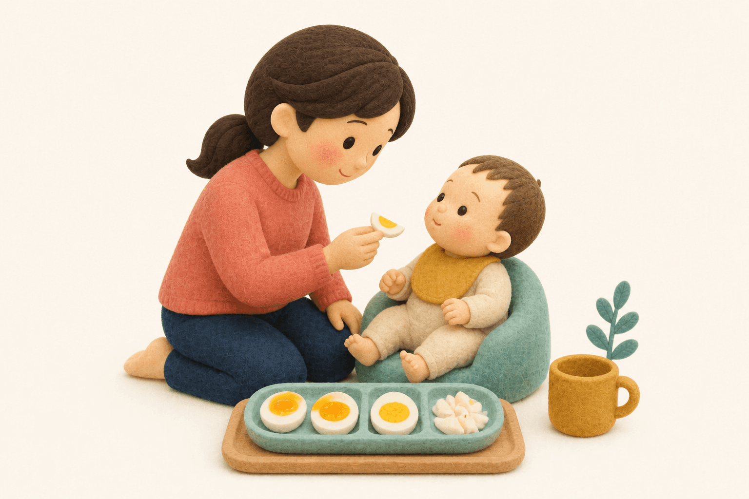 固ゆで卵から段階的に食べ進める親子のフェルト人形風イラスト