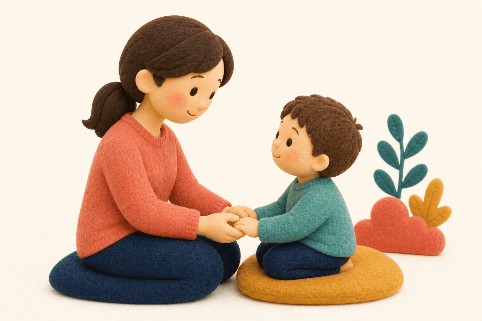 子どもの話を正面から聞く保護者のフェルト人形風イラスト