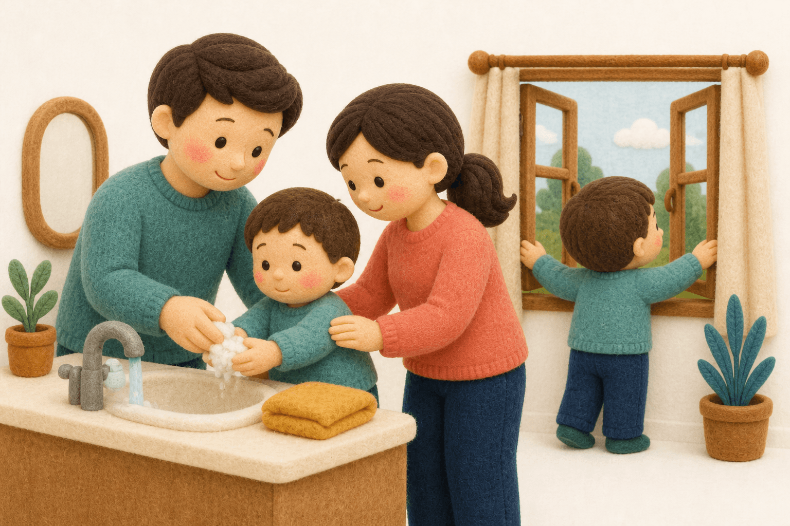 手洗いと換気を家族で行うフェルト人形風イラスト