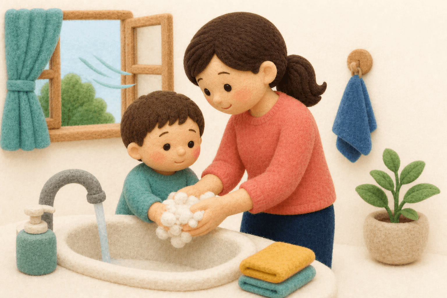 石けんで手を洗い窓を開けている家庭のフェルト人形風イラスト