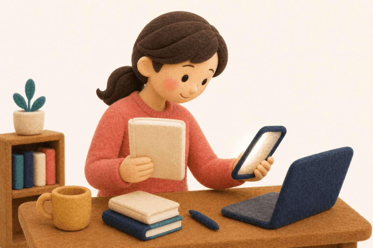 公式の資料を選びSNSより優先する保護者のフェルト人形風イラスト