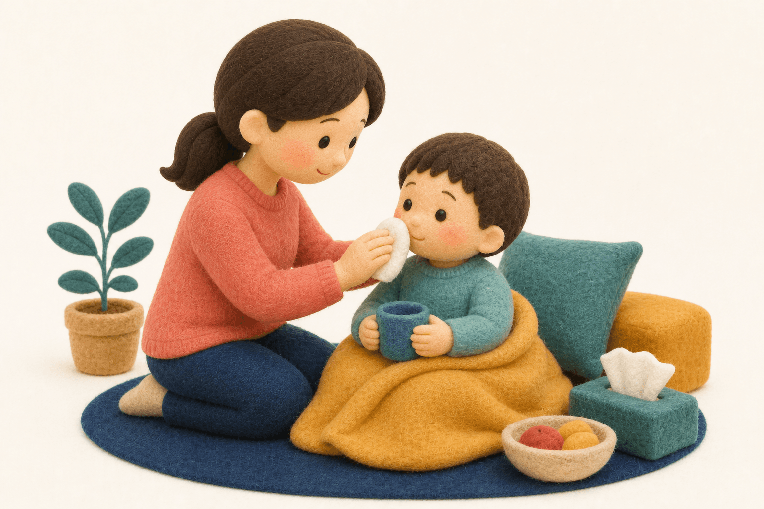 「うちの子、合うときもあるんですが……」の場面を示すフェルト人形風イラスト