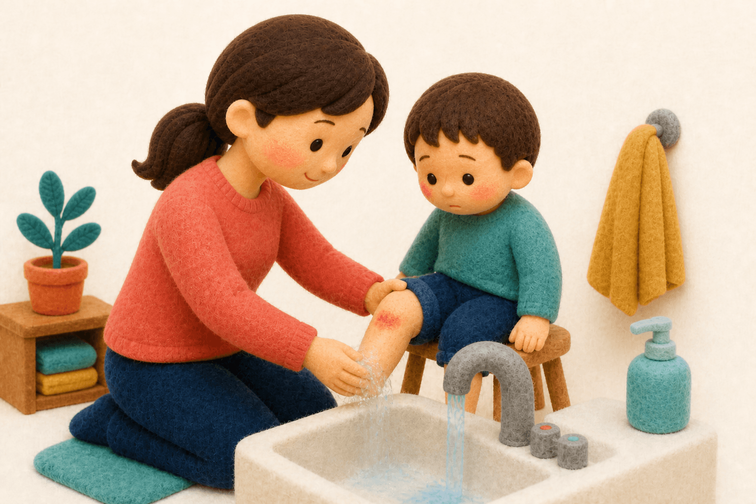 擦り傷のひざを水道水でしっかり洗い流す保護者のフェルト人形風イラスト