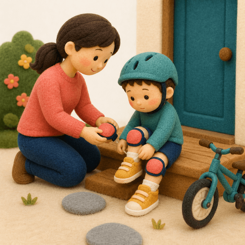 靴とヘルメット、膝パッドで外遊びに備える子どものフェルト人形風イラスト