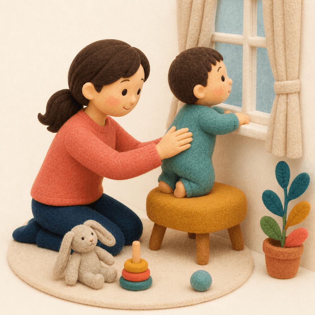 椅子に登って窓の外を見ようとする幼児を床へ誘導する保護者のフェルト人形風イラスト