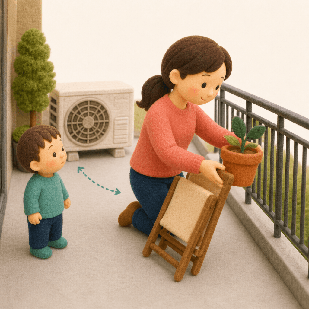 ベランダのプランターや椅子を手すりから遠ざける保護者のフェルト人形風イラスト