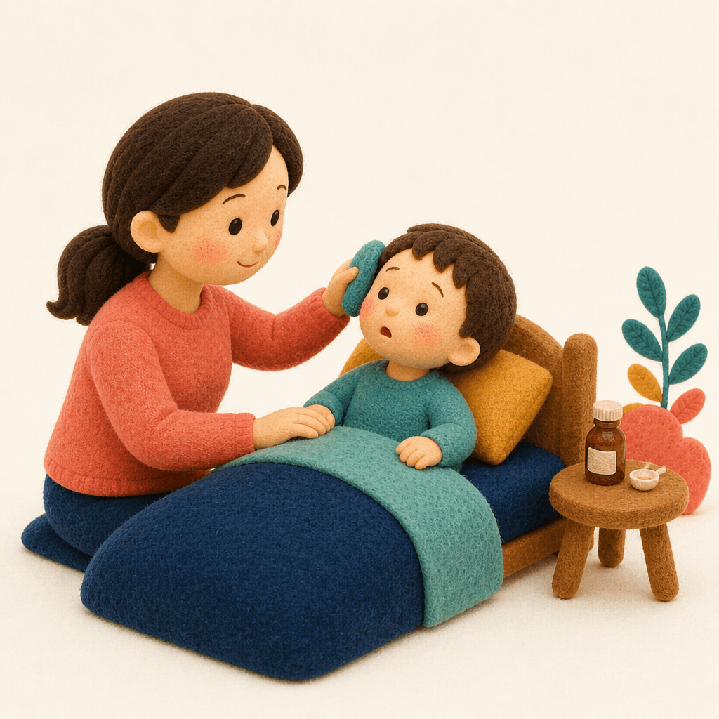 高熱で見えないものを怖がる子のそばに寄り添う保護者のフェルト人形風イラスト