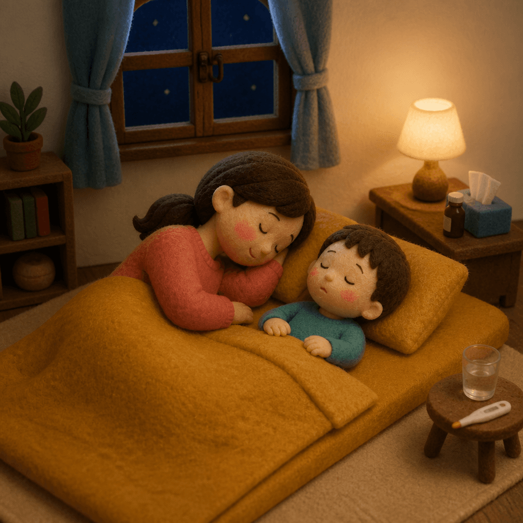 高熱の夜に同じ部屋で、窓を施錠し床近くで寝る親子のフェルト人形風イラスト