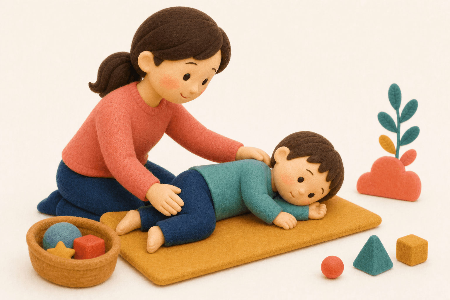 子どもを横向きに寝かせて安全を確保する保護者のフェルト人形風イラスト