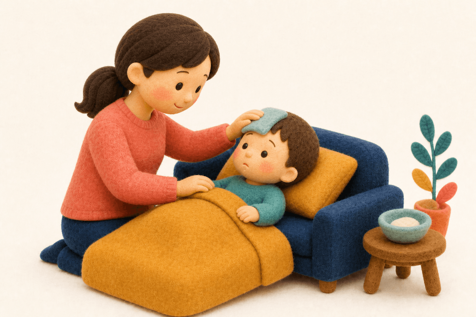 熱のある子どもに冷却タオルを当てる保護者のフェルト人形風イラスト