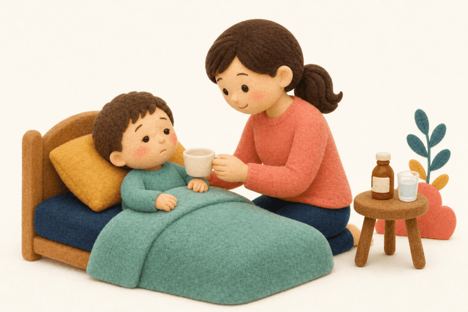 Wool-felt diorama of a parent offering comfort during a child's fever