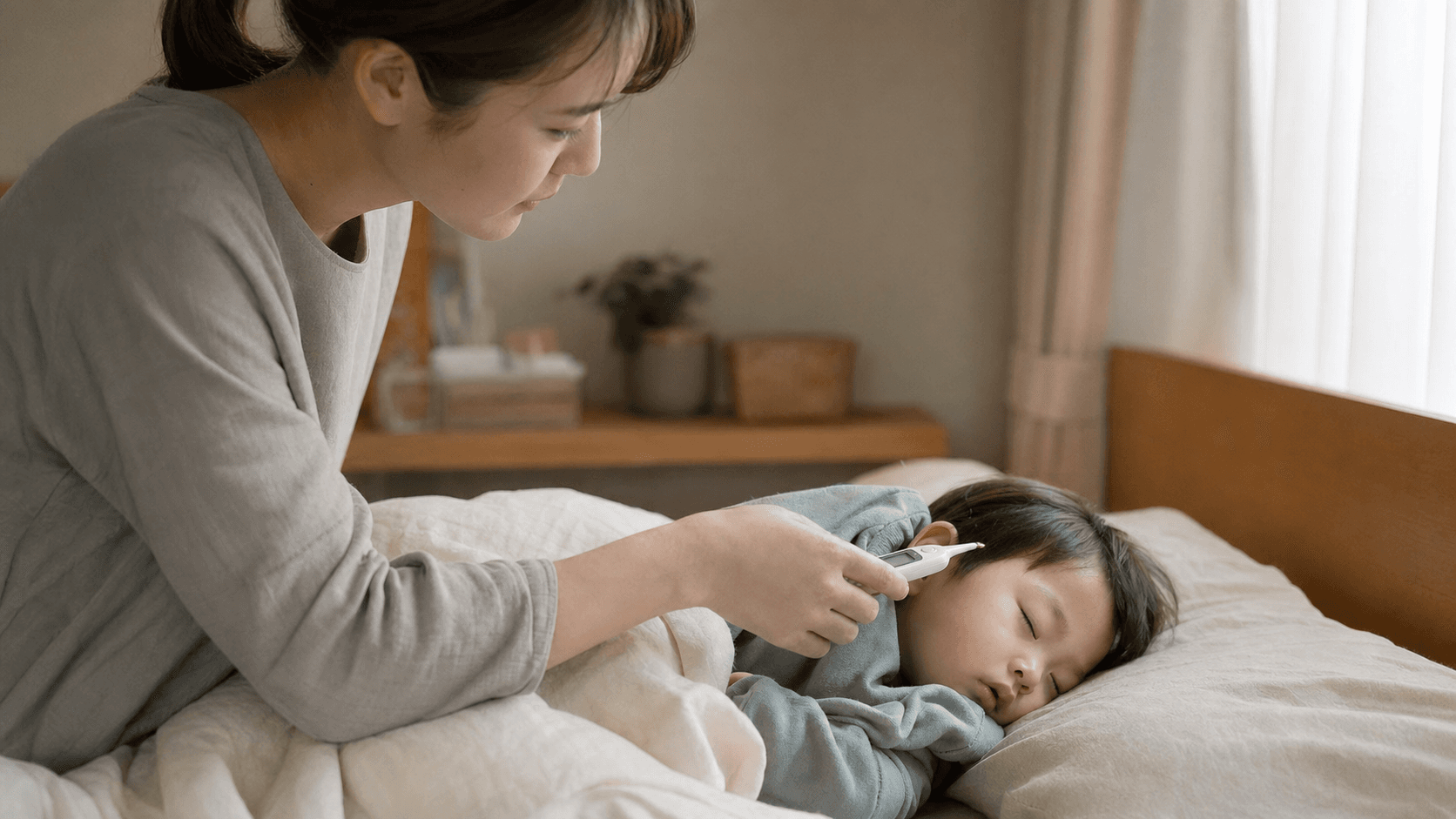 自宅で眠る子どもの体温を保護者がそっと測っている場面