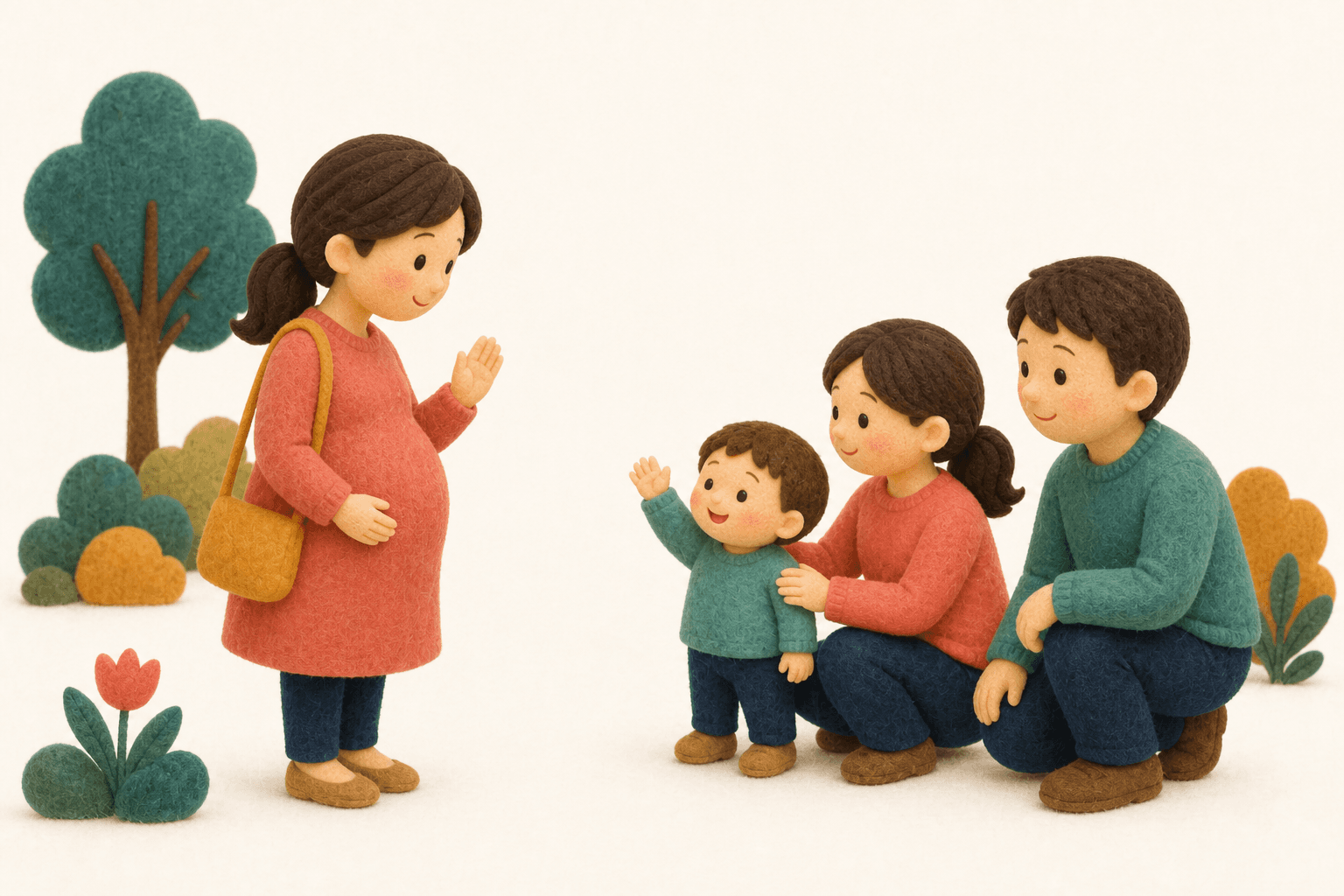 りんご病の子がいる家庭に配慮する妊婦のフェルト人形風イラスト