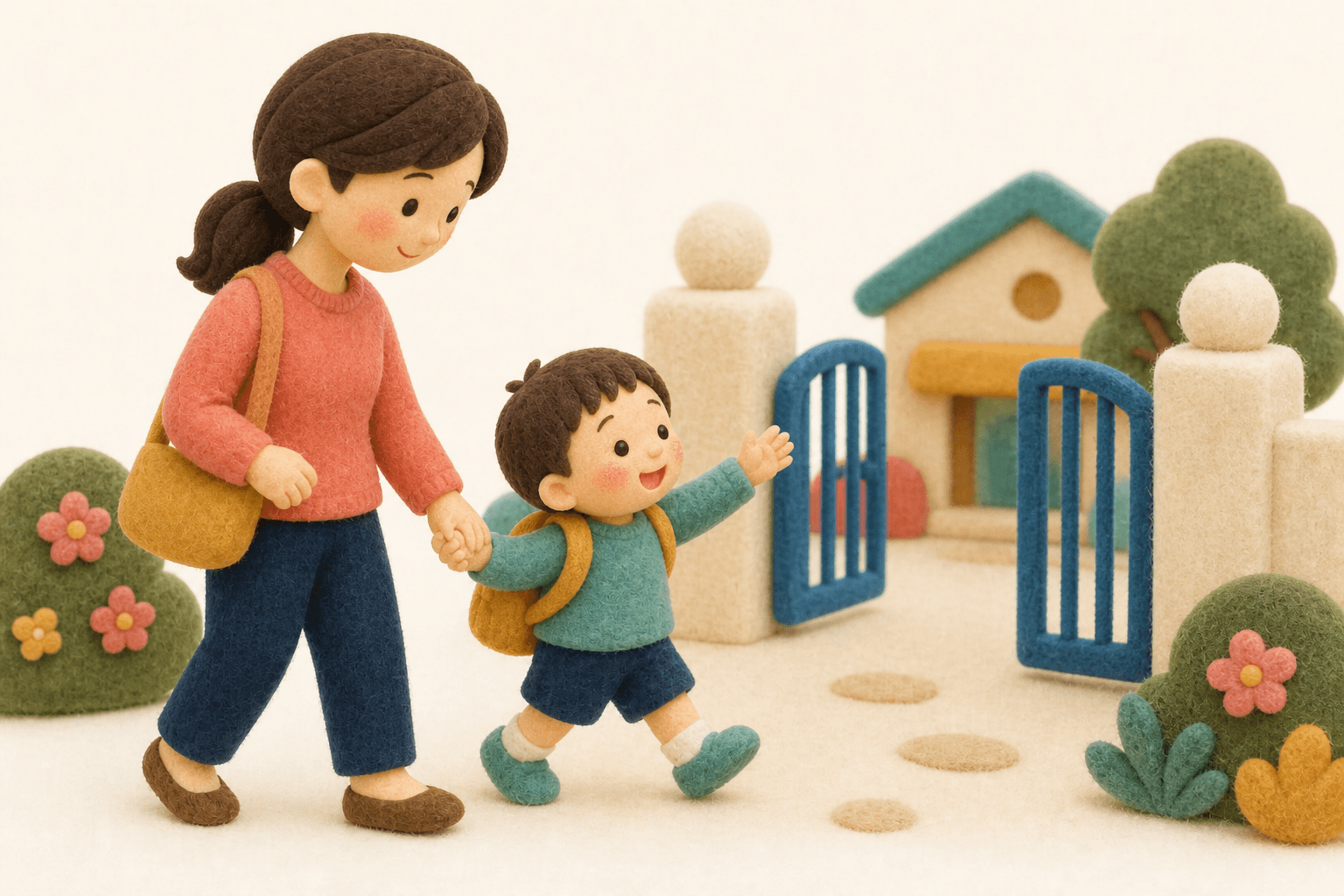頬が赤いが元気に登園する子どものフェルト人形風イラスト