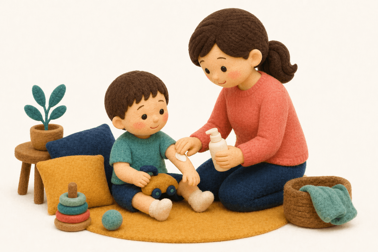 かゆみを和らげながら過ごす子どものフェルト人形風イラスト