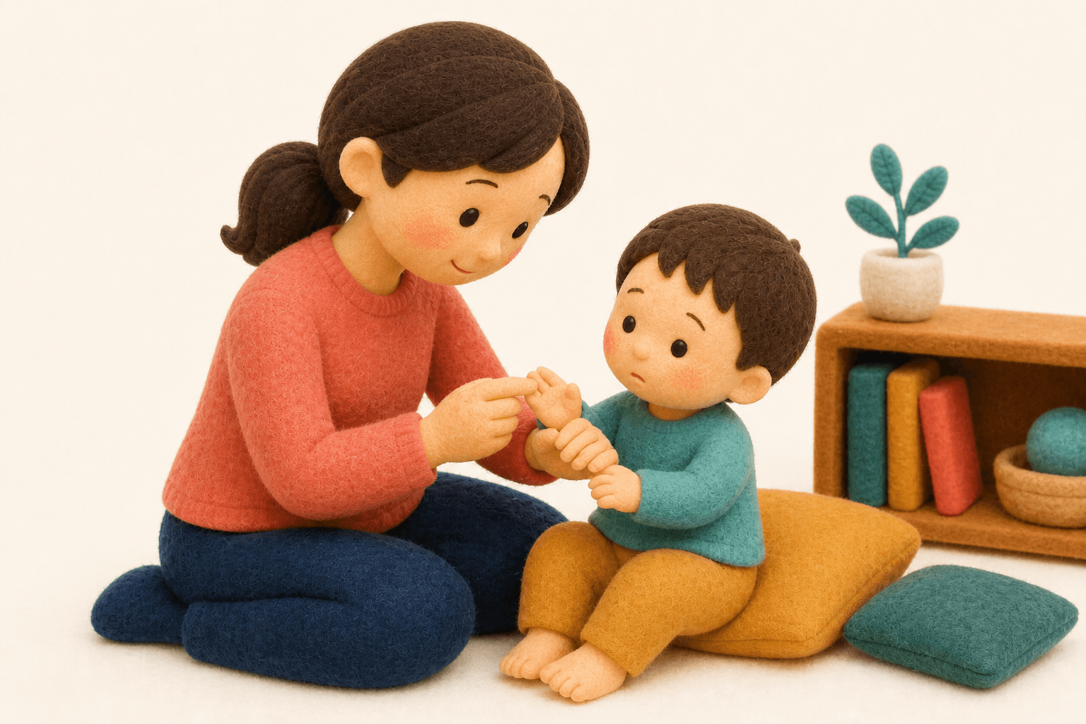 指の腫れと動きを左右で見比べる保護者のフェルト人形風イラスト