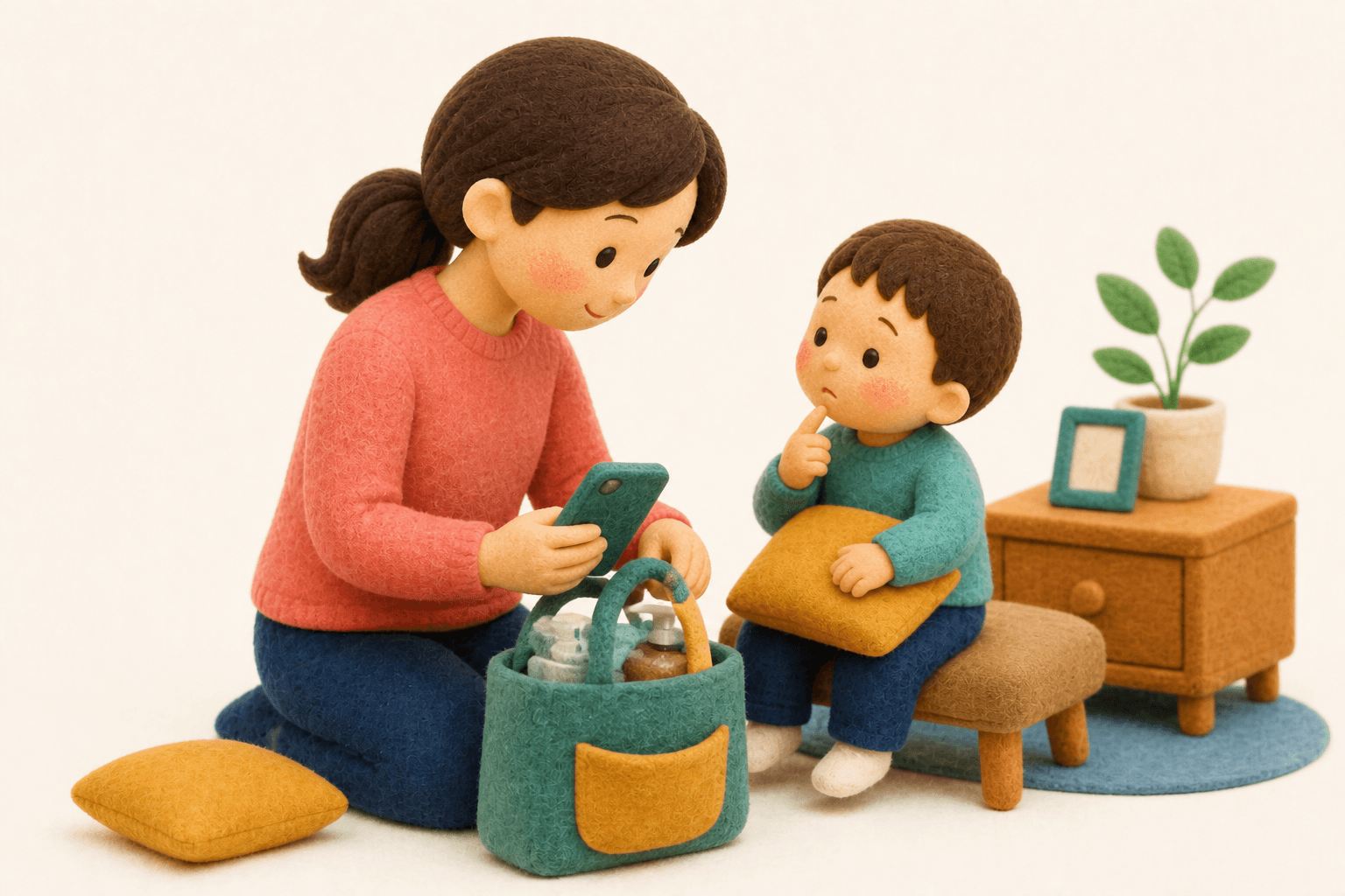 指のけがで受診準備をする親子のフェルト人形風イラスト