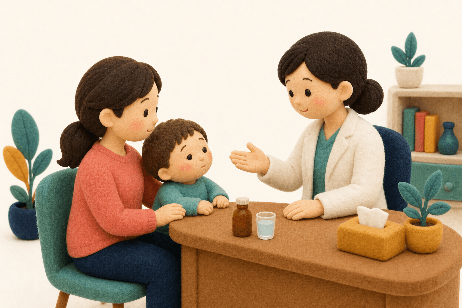 治りにくい皮膚感染について医師と話す保護者のフェルト人形風イラスト