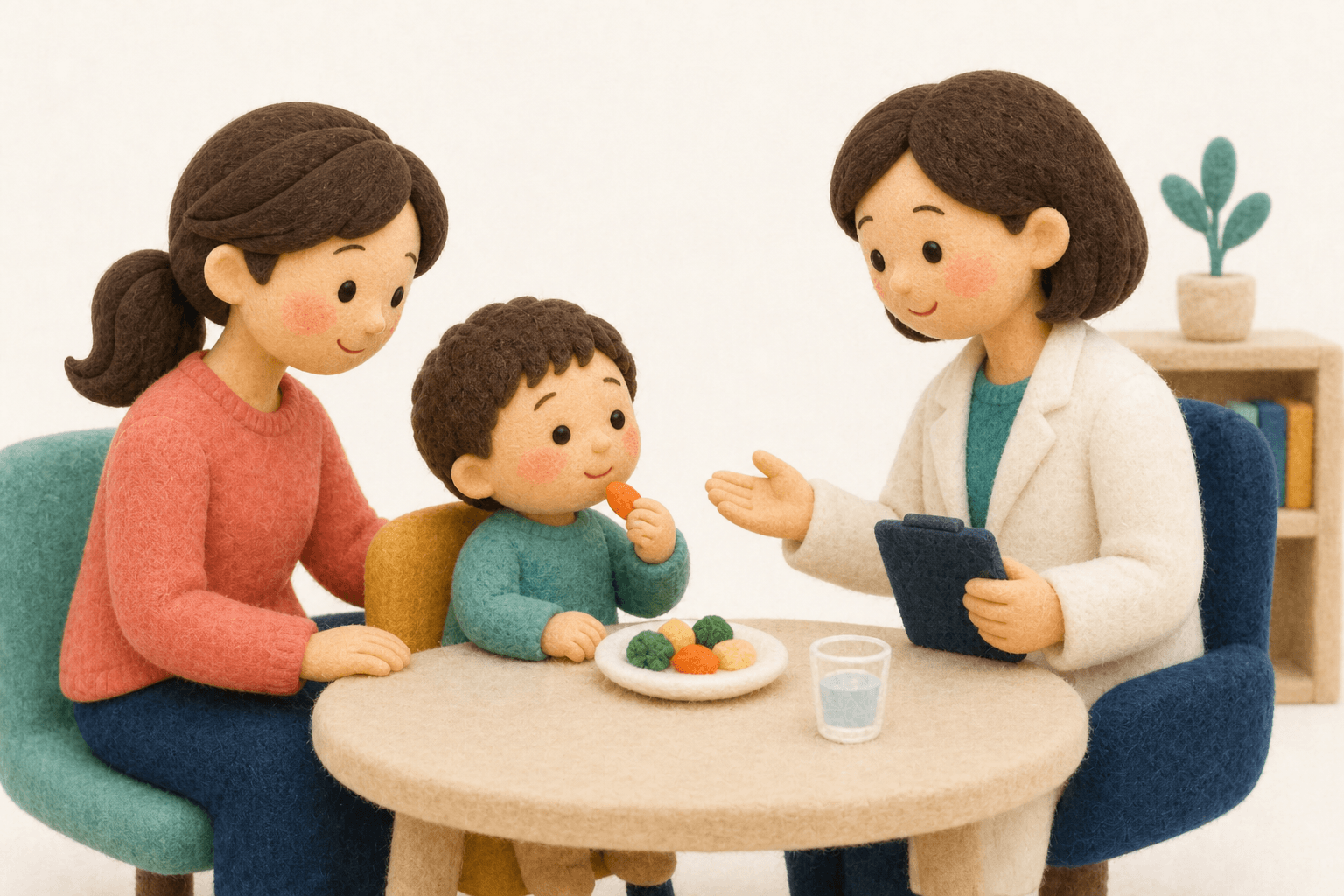 負荷試験で少しずつ食品を試すクリニックのフェルト人形風イラスト