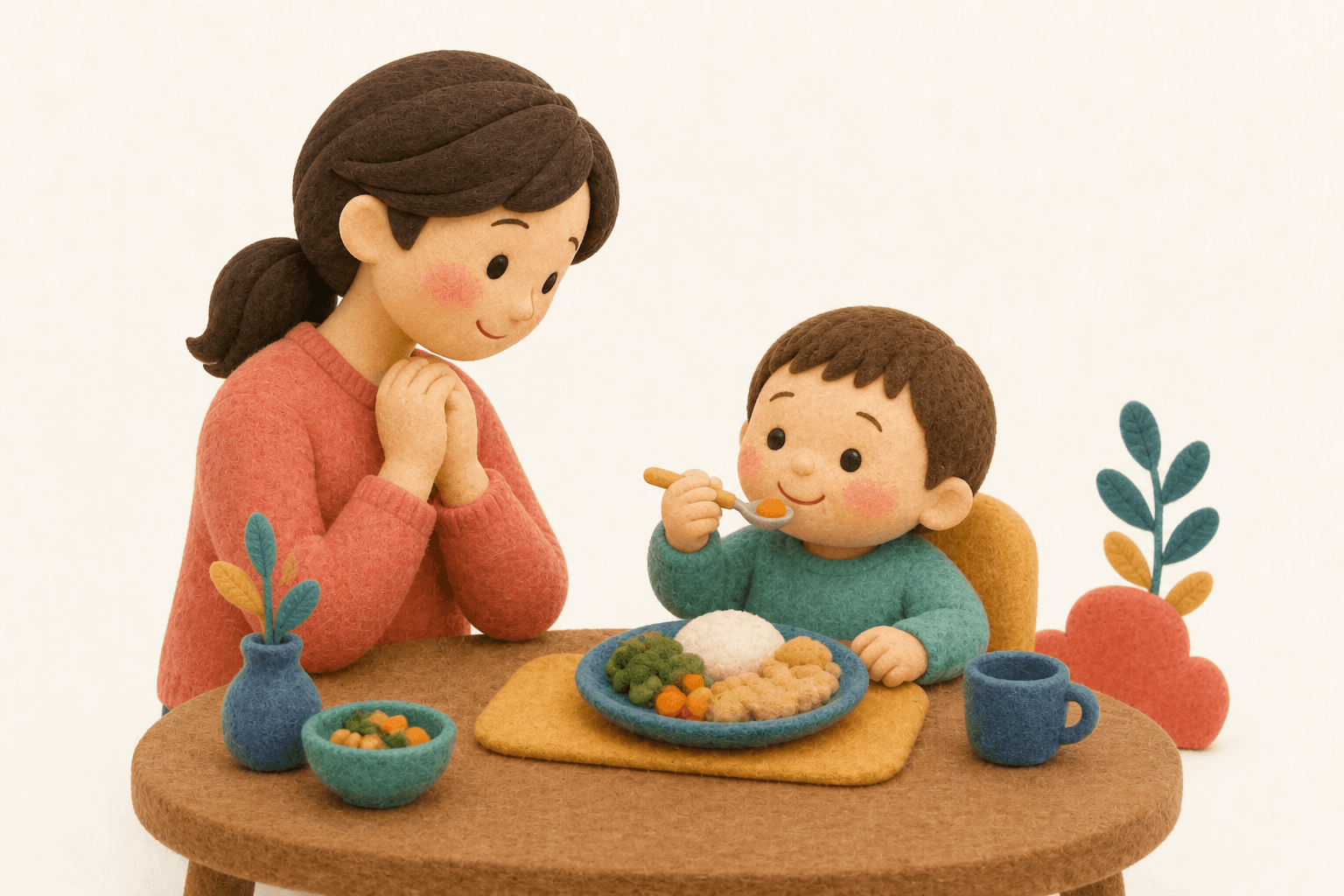食べられる食材が増えてきた食卓の親子のフェルト人形風イラスト
