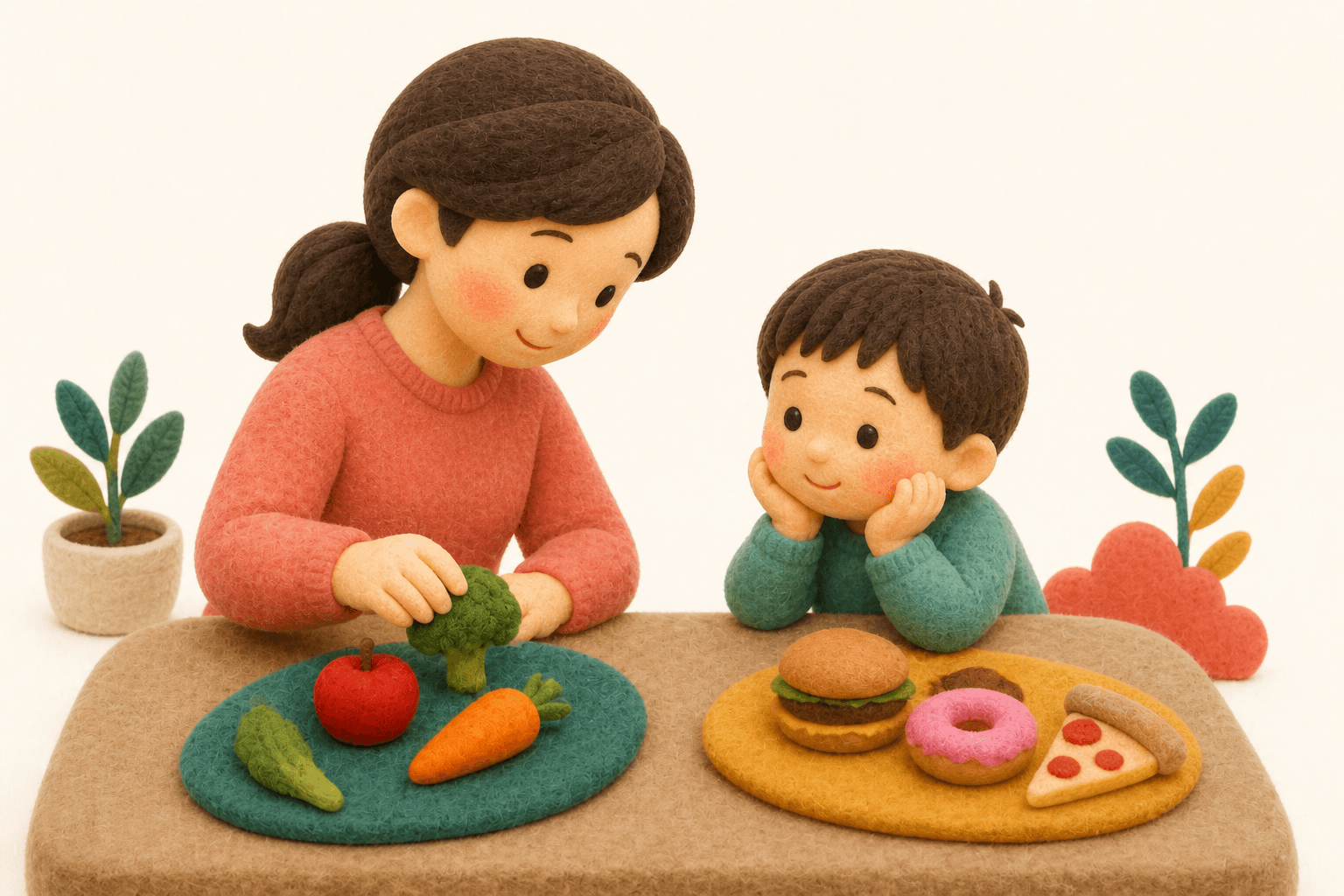 治りやすい食品と残りやすい食品をイメージで分ける親子のフェルト人形風イラスト