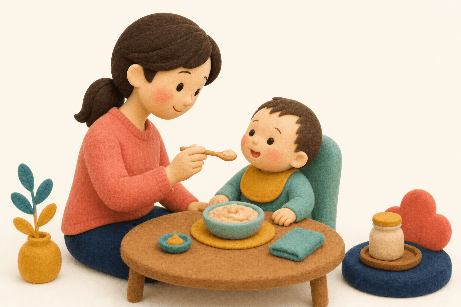 除去を続けず少量導入を始める親子のフェルト人形風イラスト