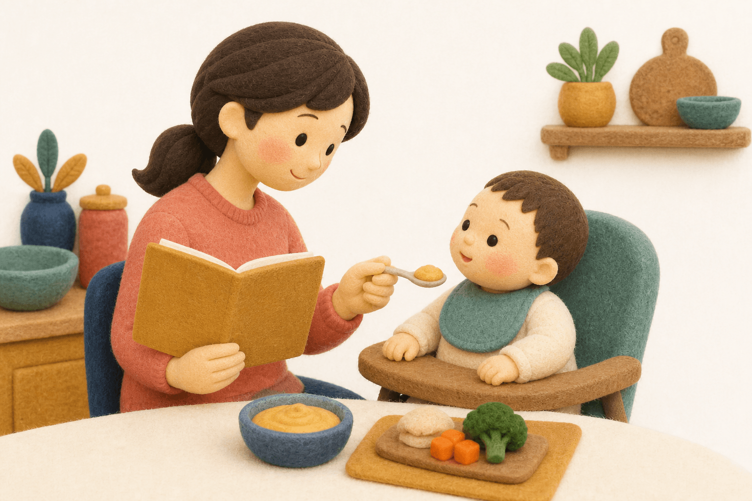 検査結果を見つつ少量の食事を試す親子のフェルト人形風イラスト