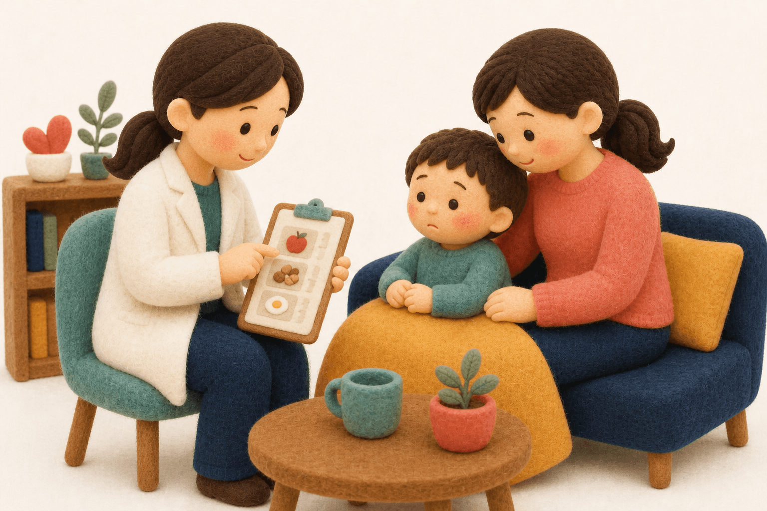 症状歴を踏まえて検査の意味を聞く親子のフェルト人形風イラスト