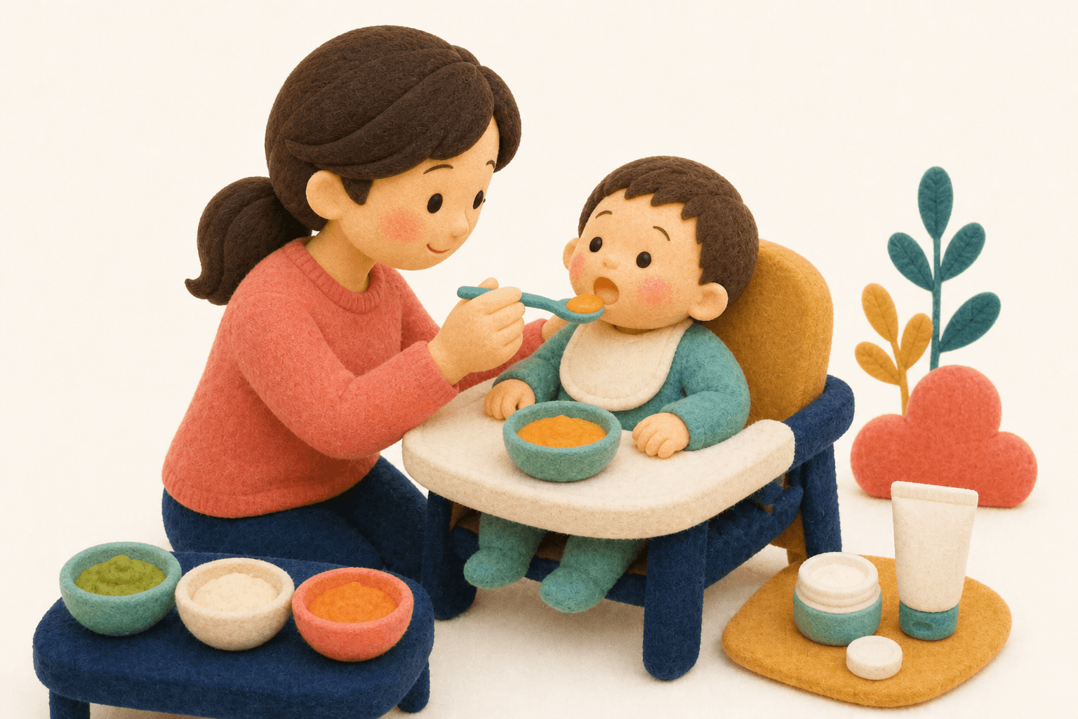 生後5〜6ヶ月頃に離乳食を始める親子のフェルト人形風イラスト