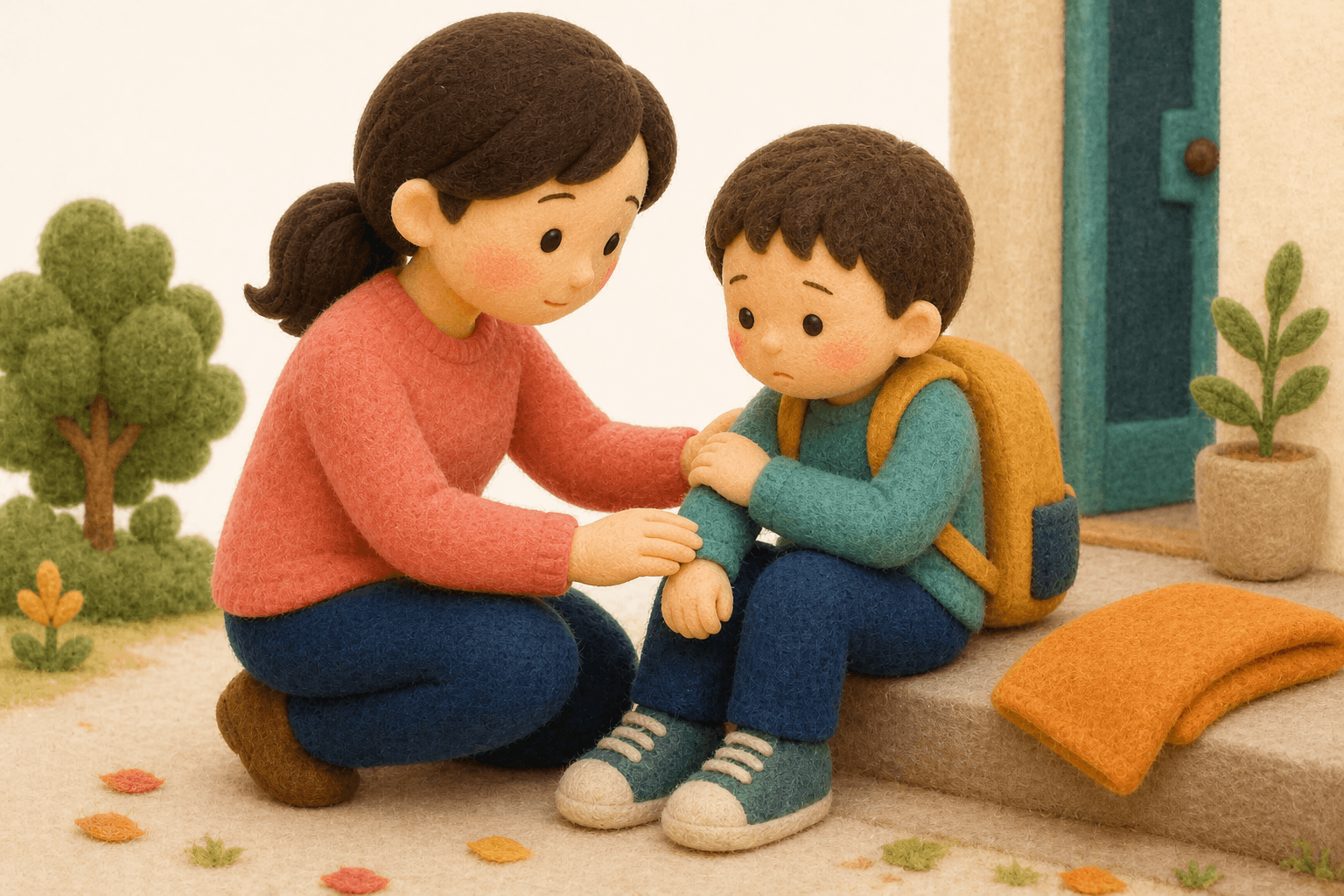 腕を使いたがらない子どもを支える保護者のフェルト人形風イラスト