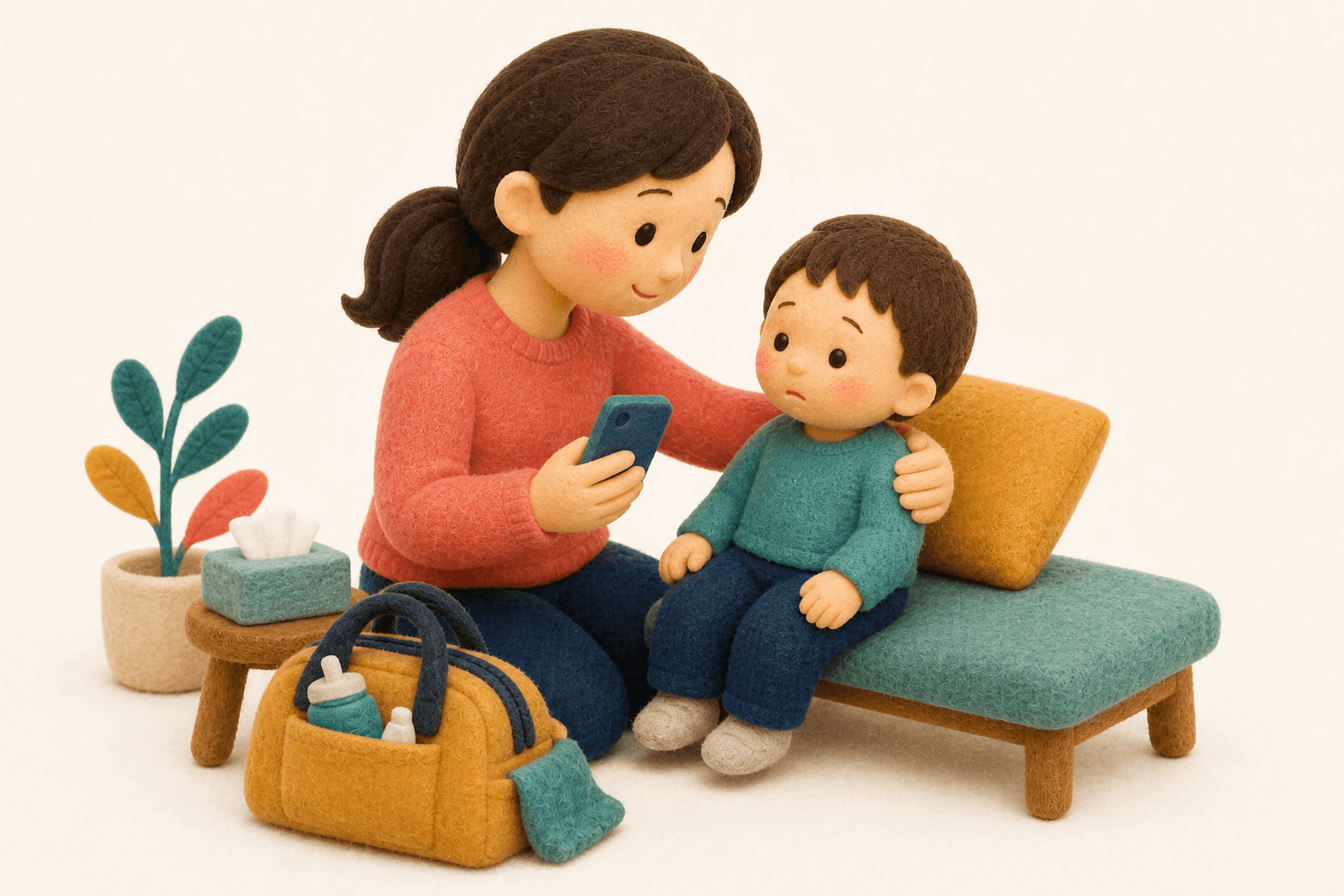 変形のあるけがで救急受診の準備をする親子のフェルト人形風イラスト