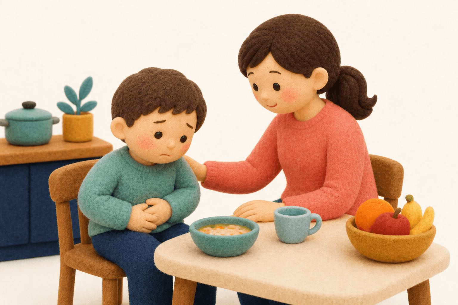 検査では異常がなくても痛みを訴える子どもに寄り添う保護者のフェルト人形風イラスト